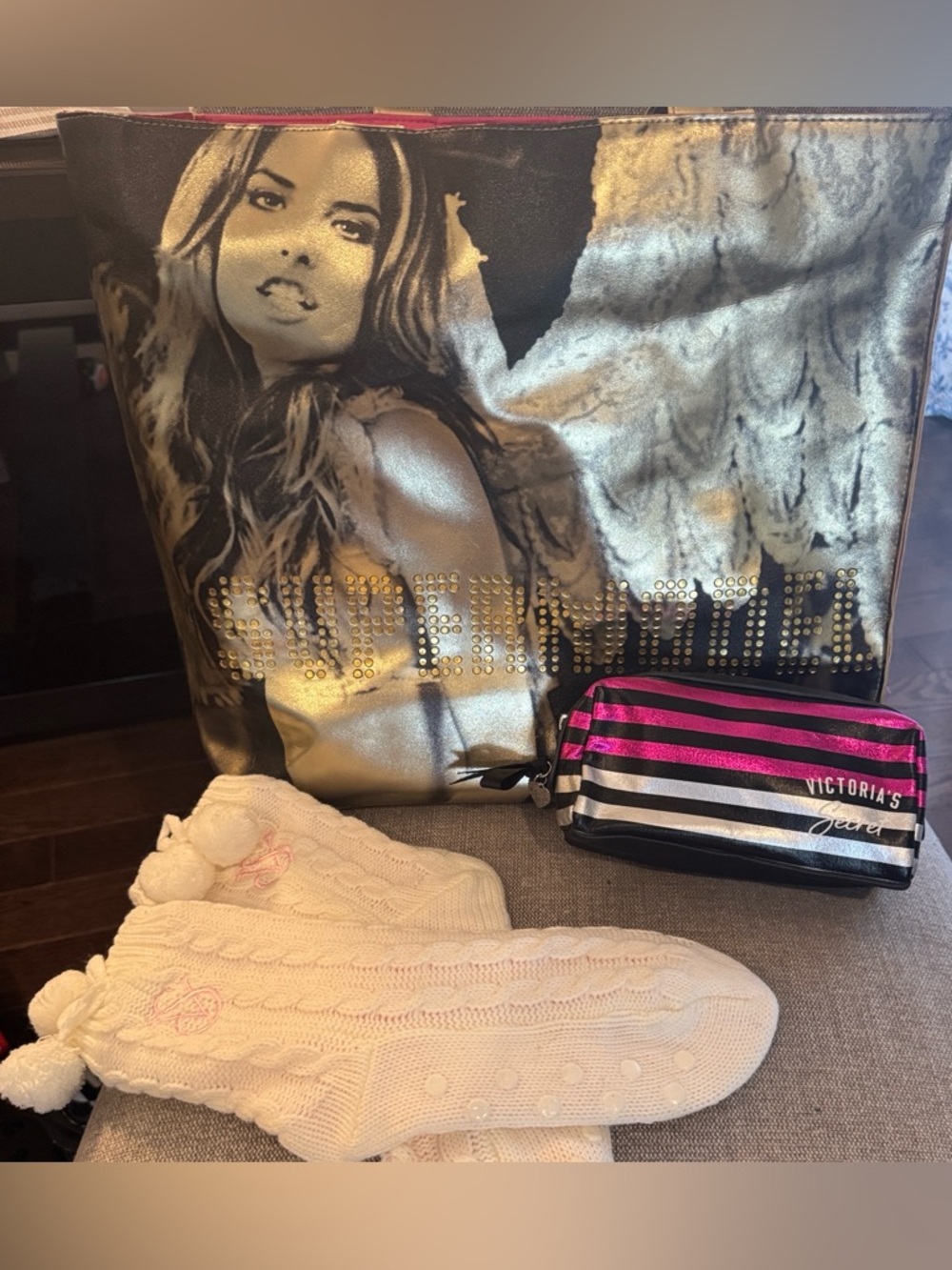 Victoria’s Secret Tote Bundle Bag + Makeup Case + Cozy Slipper Socks Set